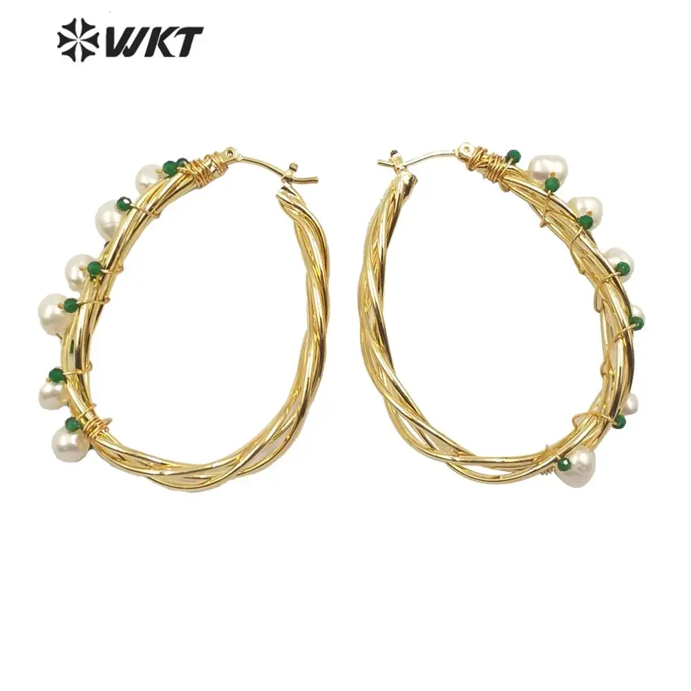 

WT-E586 Colorful amazing big ear ring handmake wire wrapped women pearl hoop earrings for gift with elegant beauty stone pearl