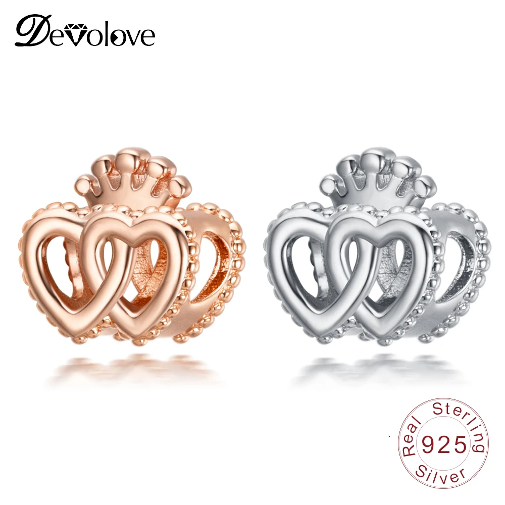 DEVOLOVE Настоящее серебро 925 пробы шармы Корона и переплетенные сердца аксессуары DIY