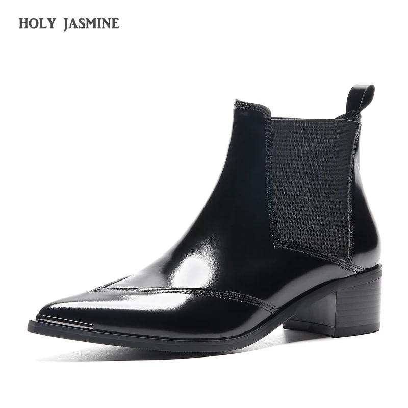 

Real Leather Women Ankle Boots Pointed Toe Elastic Band Women Motorcycle Boots Slip-on Low Heels Black Shoes Female Botas Mujer