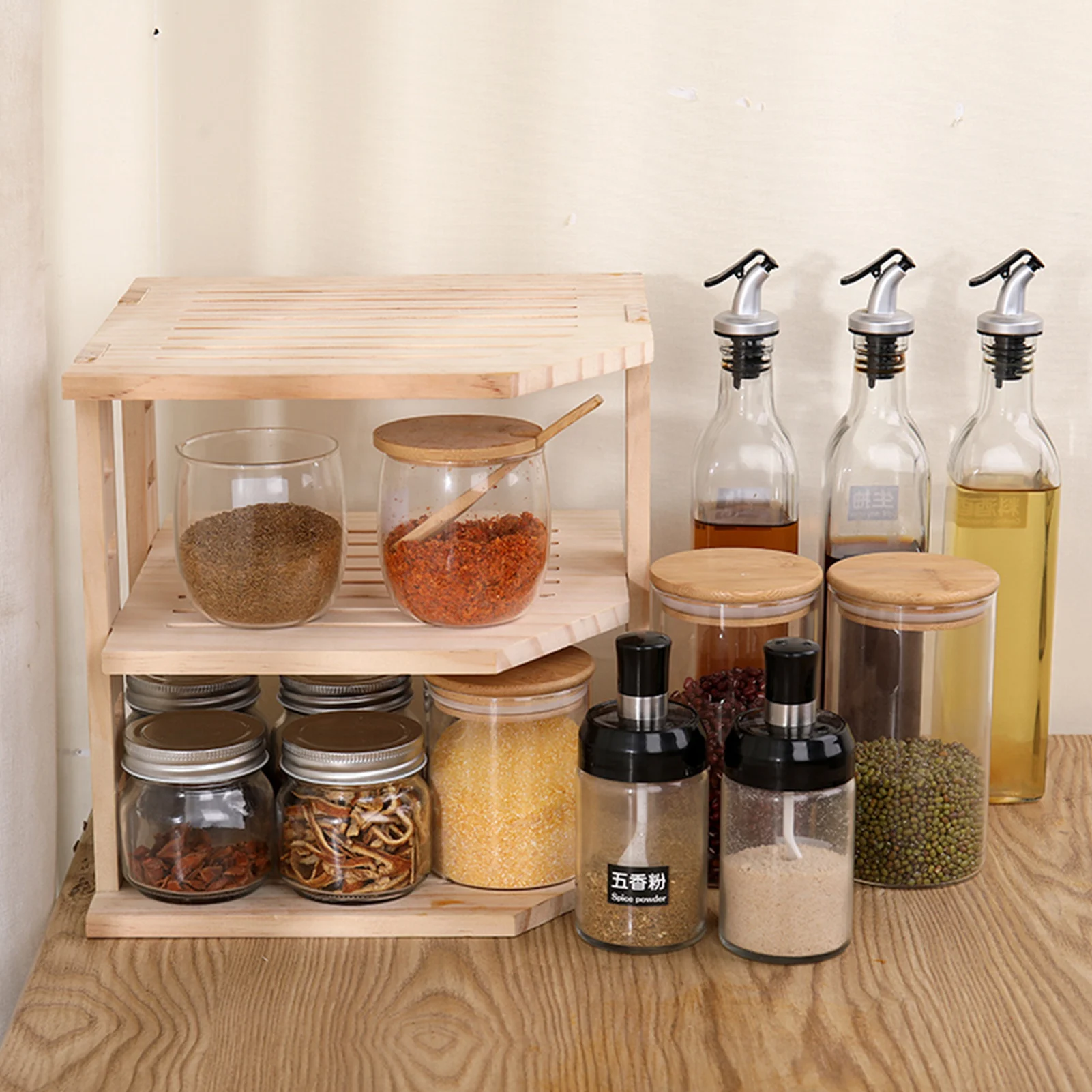 

Bamboo Corner Shelf Storage Organizer / 3 Tier Kitchen Corner Rack for Spice - Countertop, Cabinet & Pantry Organization cool