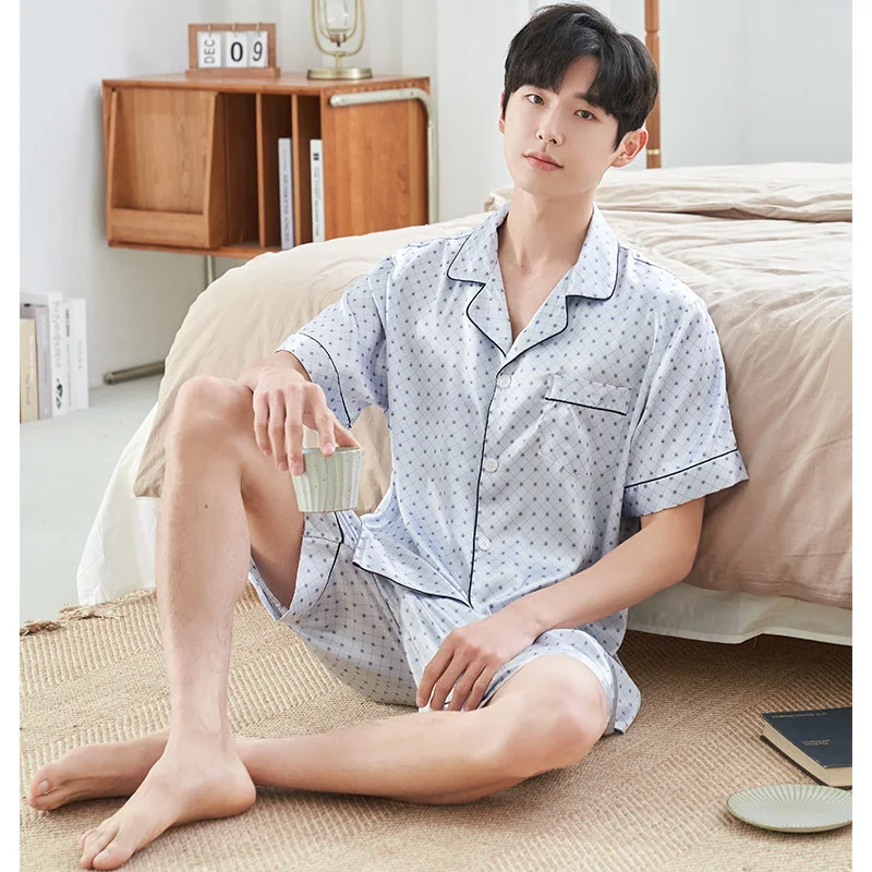 

Silk Pajama Set Men Summer Thin Short Sleeves 2pcs Pajama Shortwith Collar Print Fashion Soft Leisure Homewear Suit with Pockets