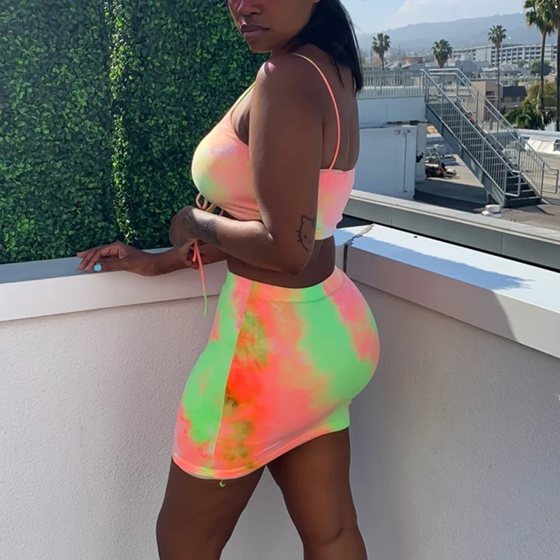 Neon Color Backless Dress Two Piece Set Club Outfit Women Spaghetti Strap Crop Top And Mini Skirt Sexy Summer |