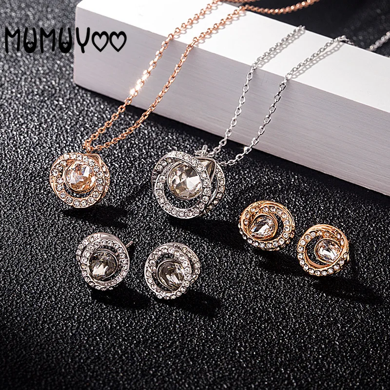 

High Quality Fashion Simple Double Ring Water Drops Pay Female Pendant Necklace Crystal Water Drop Earrings Necklace Set