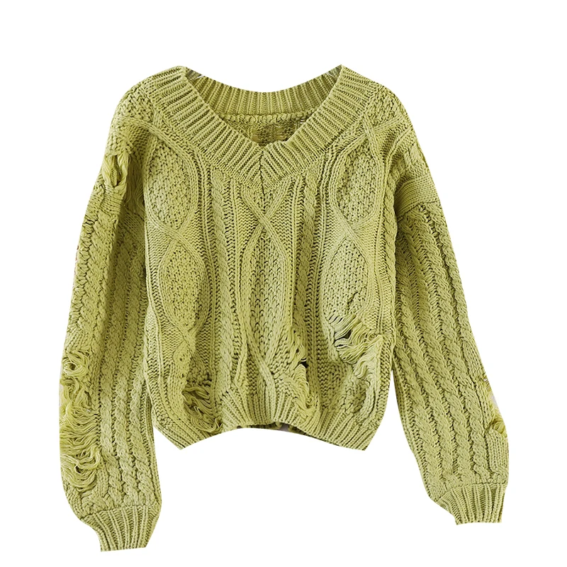 

Women's Short Sweater Loose Outer Wear Autumn Season New Twist Hole V-neck Lazy Knit Top GX1128