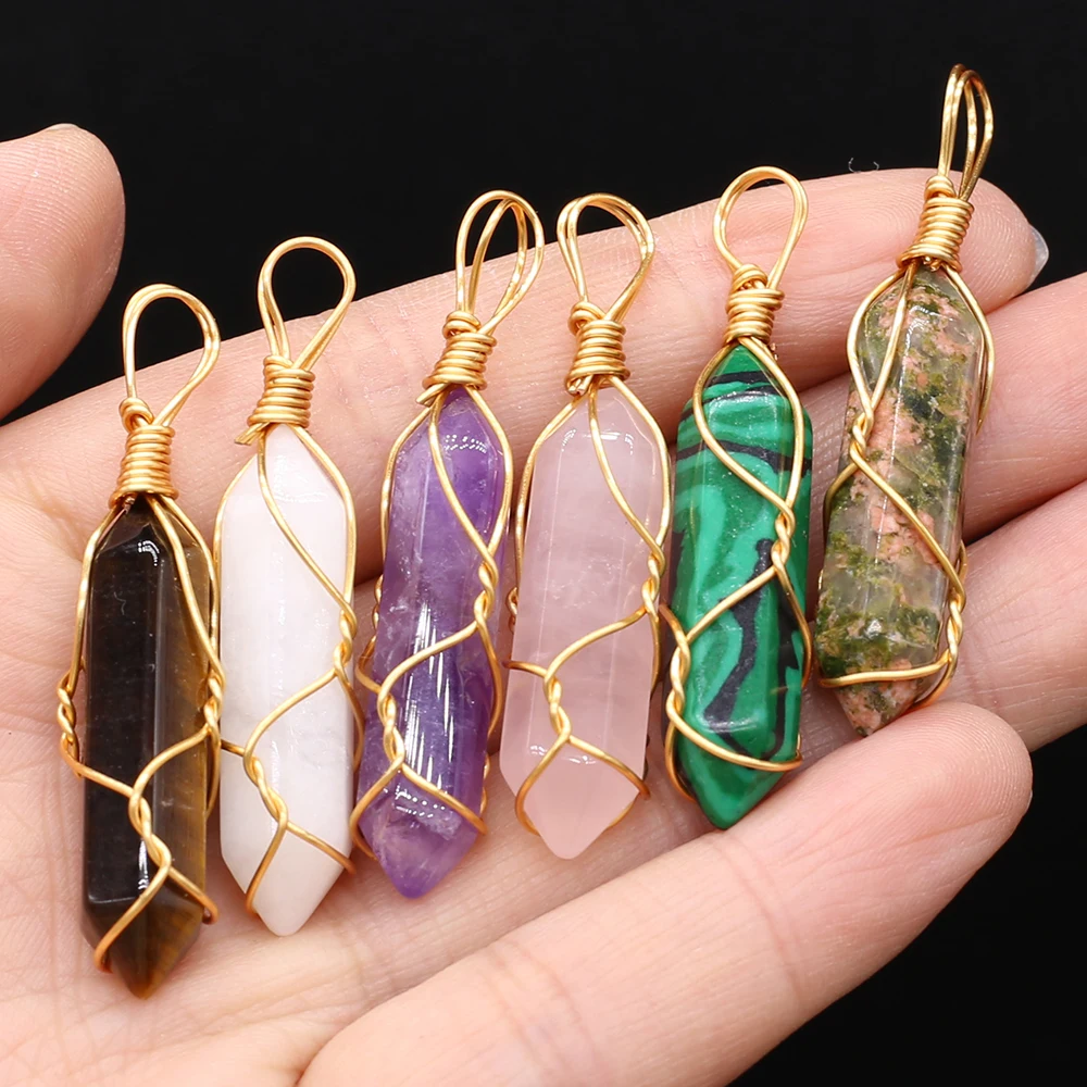

5pc Natural Stone Hexagon Crystal Pendants Gold Color Wire Wrap Pink Quartzs for Jewelry Making Diy Necklace Earring Gifts