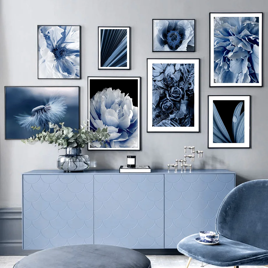 

Blue Dandelion Peony Palm LeavesDew Wall Art Canvas Painting Nordic Posters And Prints Plant Wall Pictures For Living Room Decor
