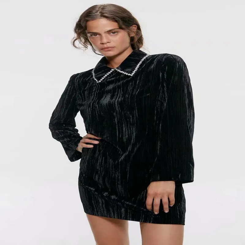 Новое поступление 2019 модное осеннее Черное мини платье с отложным воротником