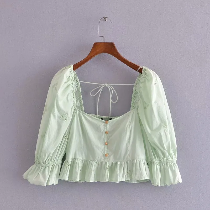 

Женская блузка с рукавами-фонариками, ажурная блузка с квадратным вырезом и вышивкой, лето 2021