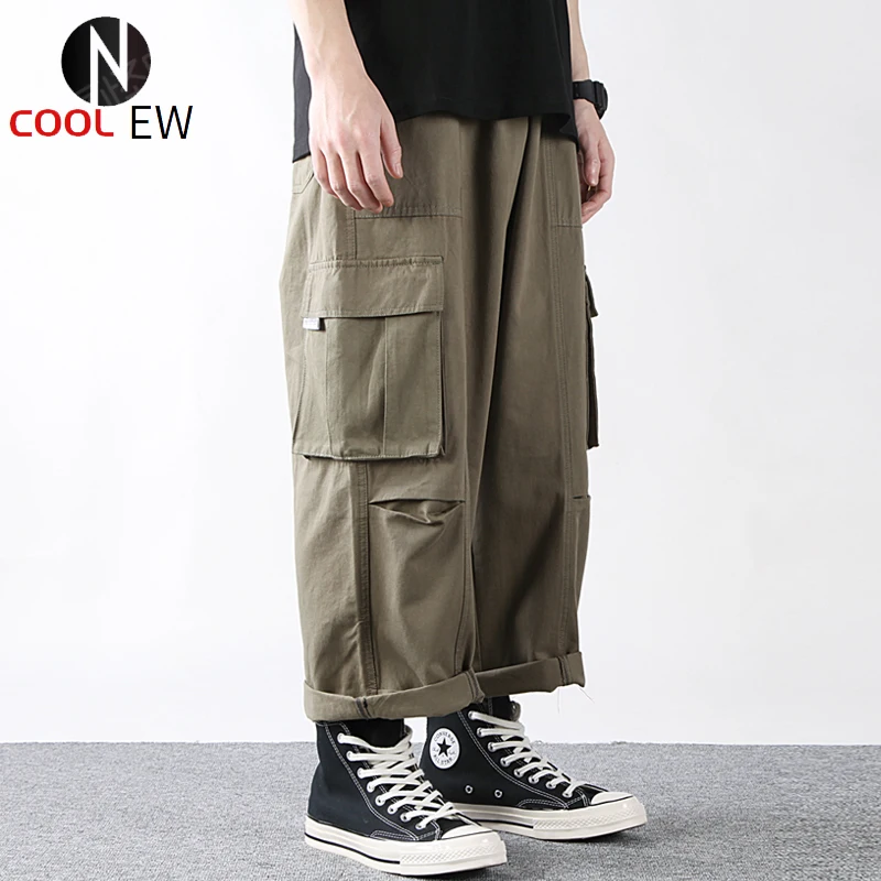 

American Casual Cargo Pants Men Lazy Baggy Wide-Leg Cropped Pants Mens Work Multi-pocket Ninth-pants Ankle-Length Trousers