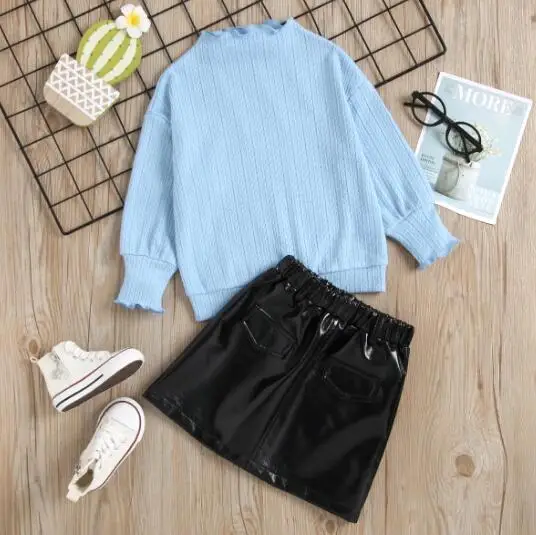 

Girls Solid Color Clothes Set, Loose Long Sleeve O-neck Tops+PU Leather A-line Short Skirt 18 Months-6 Years Children's Clothing