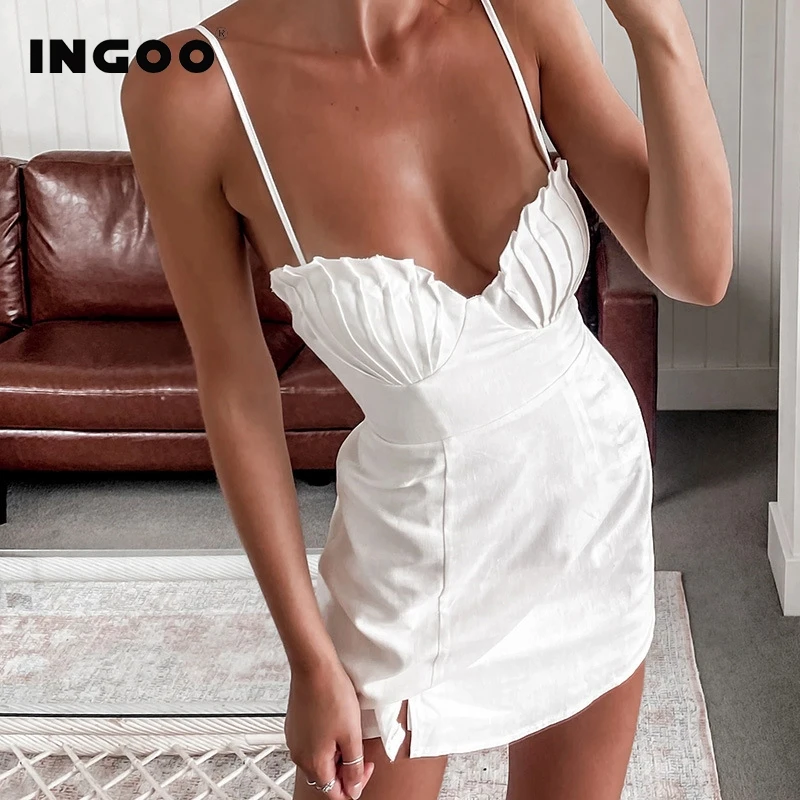 

Женское платье с оборками INGOO, на бретелях-спагетти, со складками, глубоким V-образным вырезом, без рукавов, с открытой спиной, летнее, 2021