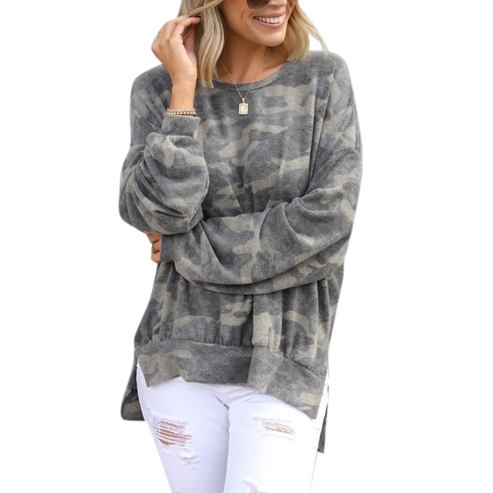 

Women Autumn Winter Split Long Sleeve Crewneck Irregular Sweatshirts Split Loose Lady Clothing Camouflage Print Pullover