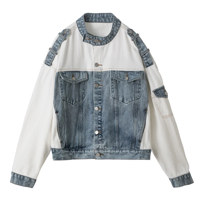 

PERHAPS U Women Blue Denim Jacket Hit Color Pocket Long Sleeves Jean Stand Collar Loose C0173