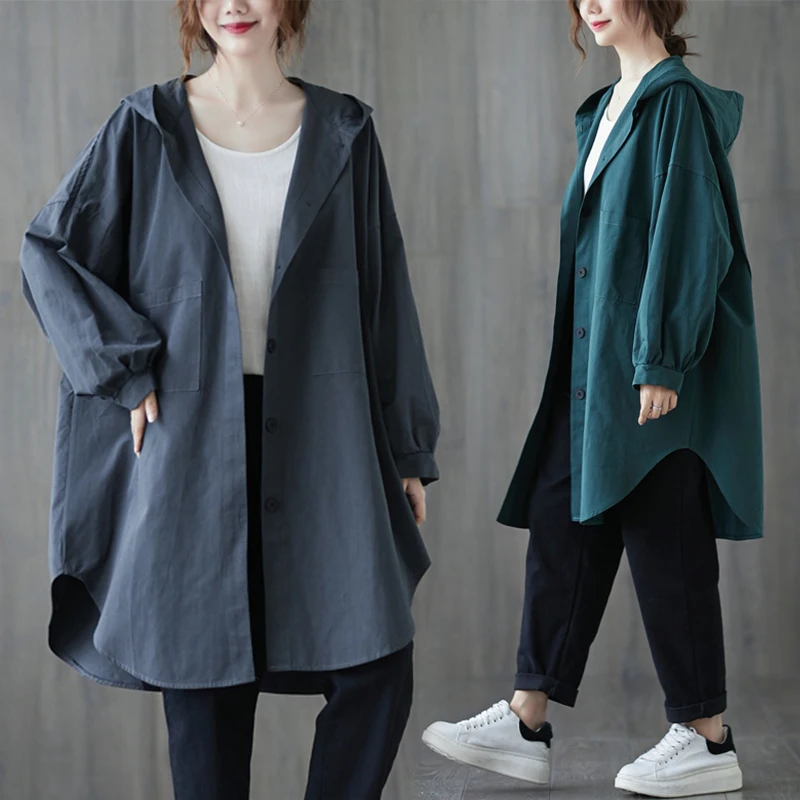 

2021 Women Autumn Femmes Hooded Coat Jacket Solid Long Cardigan Female Windbreaker Large Style Vintage New Basic Oversize