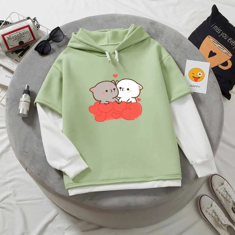 

Толстовка женская с капюшоном и принтом кота, Свободный свитшот в стиле Харадзюку, милый пуловер с капюшоном, утепленная парная кофта, худи, осень