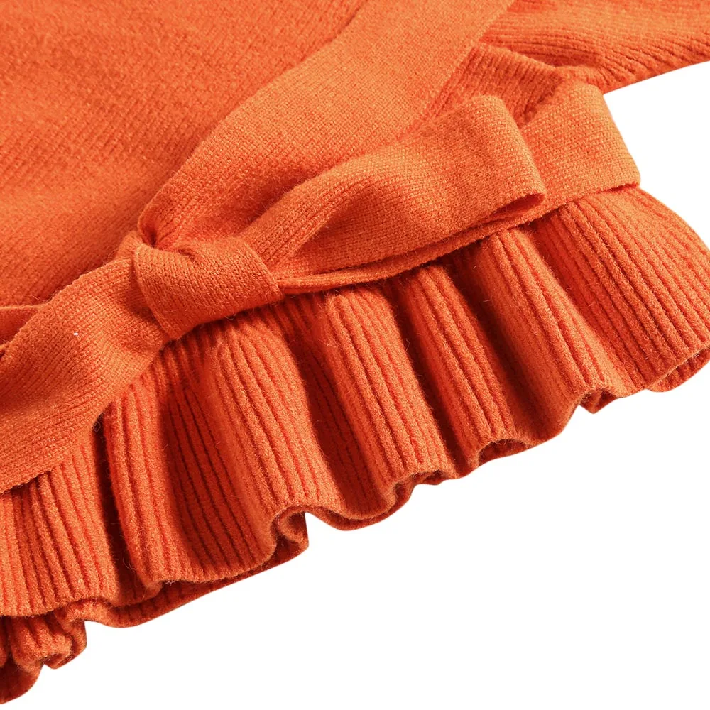 Fall Winter Women Sweater Ruffled Hem Strap Cross V-Neck Crop Top Pullovers Slim Sexy Bat Sleeve Knitwear Bandage Short | Женская одежда