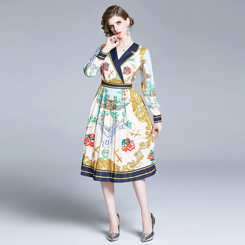 

2020 Autumn Fashion Runway Long Sleeve Vintage Dress Women's Multicolor Floral Print Elegant Midi Pleated Dress k3760