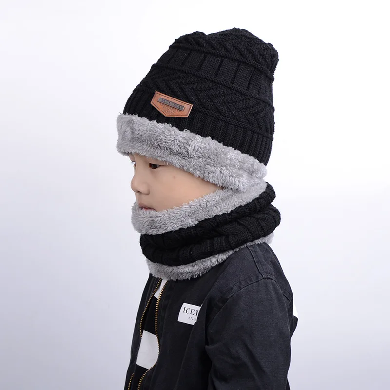 Knitted Hat Neck Collar Warm Suit Fur Wool Lining Thick Knit Beanies Balaclava Winter For men women Cap Skullies Bonnet | Детская одежда