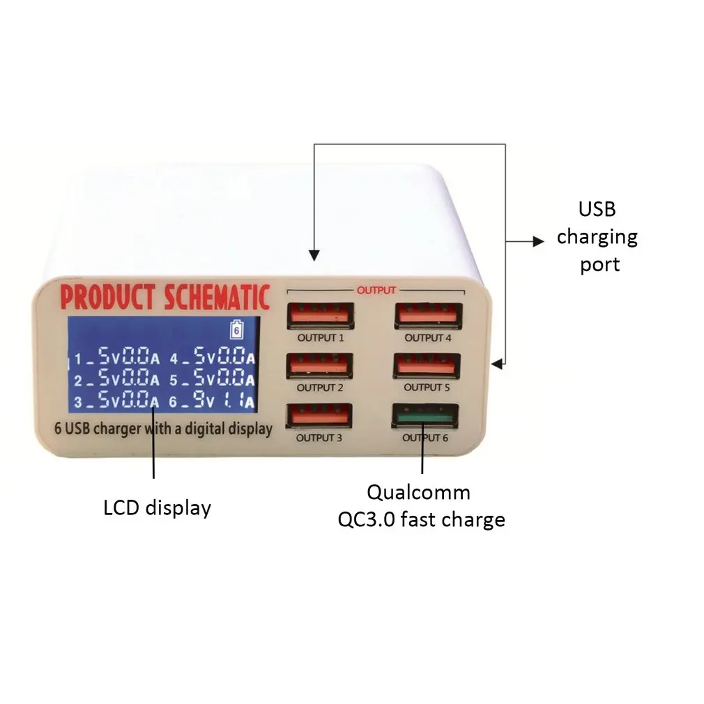 6A с ЖК-цифровым дисплеем 6 портов USB зарядное устройство быстрая умная зарядная