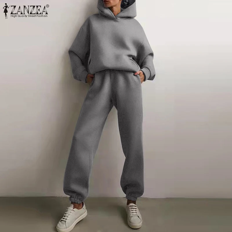 

Женский Повседневный однотонный спортивный костюм, осенняя винтажная блузка с длинным рукавом и капюшоном, брюки с эластичным поясом ZANZEA, с...