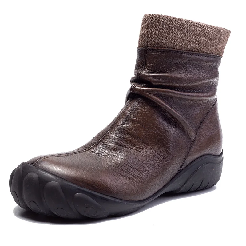 Artdiya Original Genuine Leather Women Boots New Flat Bottom Pleated Ankle Autumn and Winter 2019 Retro Soft Zipper | Обувь