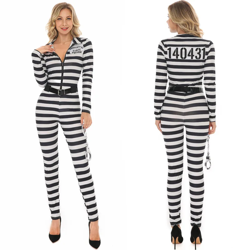 Adult Women Convict Prisoner Costume Cosplay Outfit Black White Stripes Jumpsuit Tights Fantasia Halloween Club Costumes