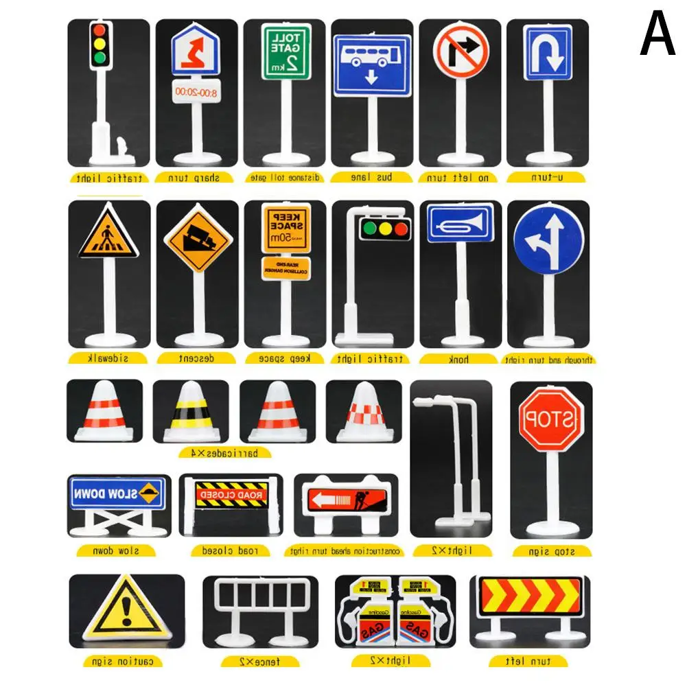 

28 PCS Children Car Toy Accessories Traffic Signs Indicator in English