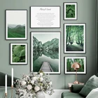 Картина на холсте с изображением деревьев, озер, зеленых листьев, принты, пейзаж, плакаты, трава, горы, настенные картины для гостиной