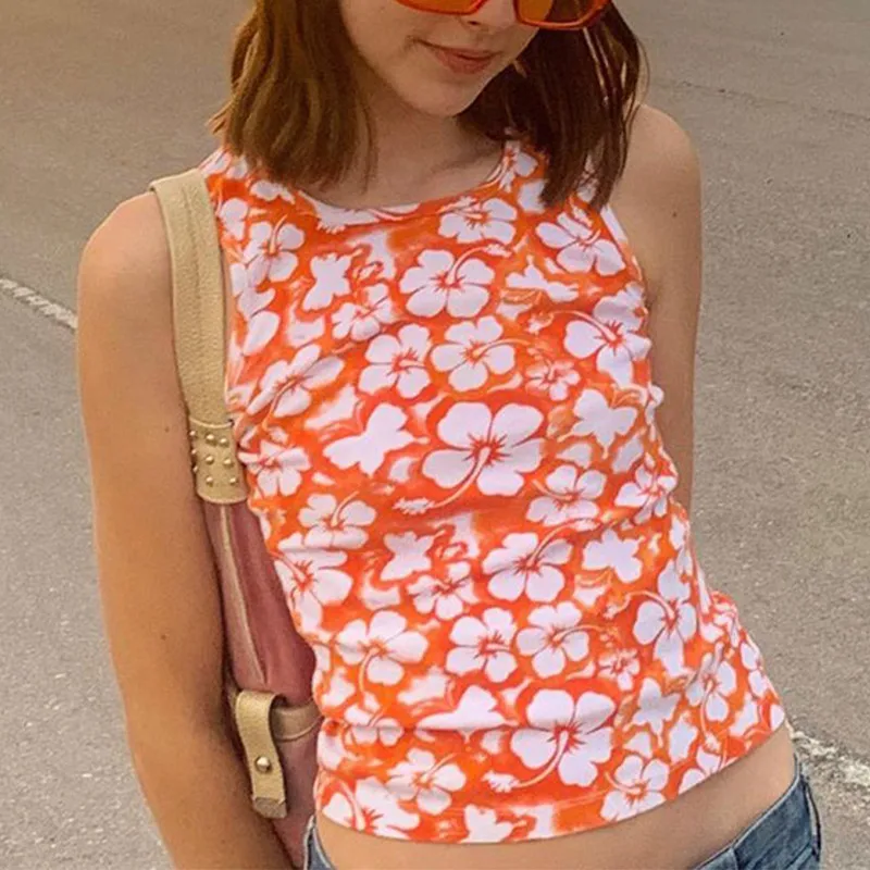 

Fashion Female 2021 Sweet Girls Printing Slim lady Flower Design Streetwear All-Match Retro Woman Crop Top Shining Summer