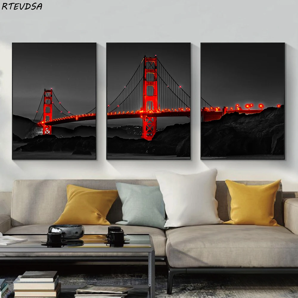 

Modern decorative canvas painting San Francisco Golden Gate Bridge night view artist house decoration wall poster image
