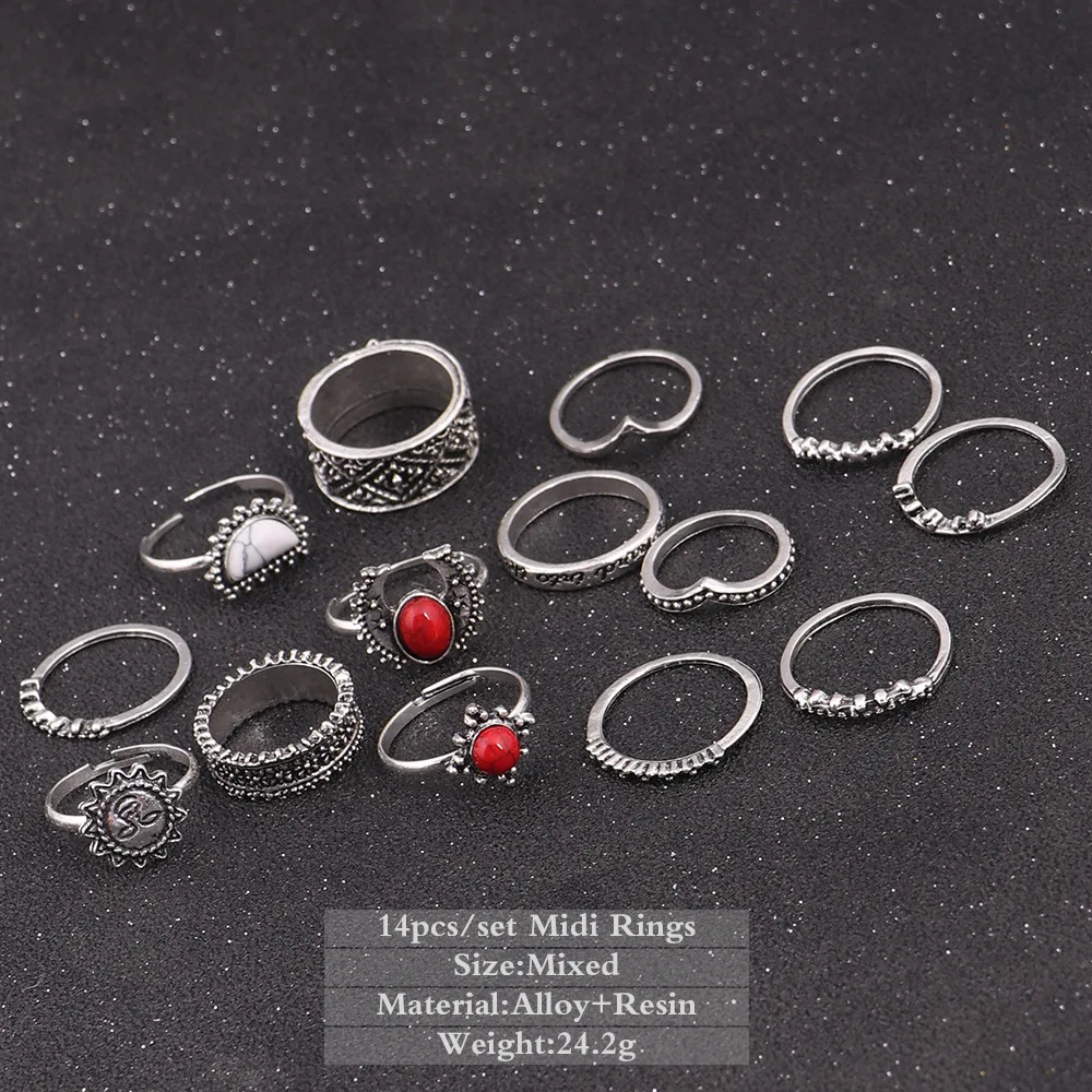 14 шт./компл. Ретро Античное серебряное очаровательное кольцо с красной