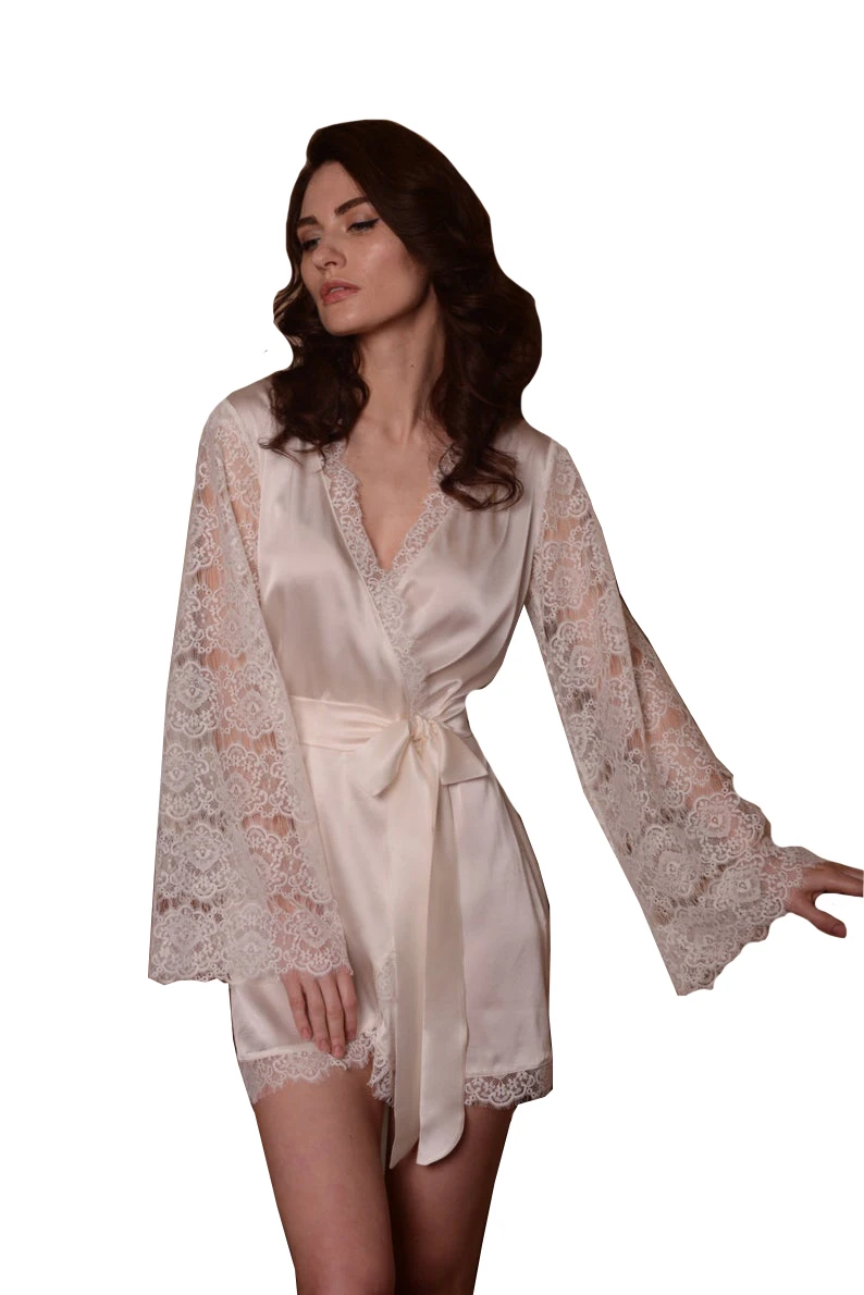 2020 Women Bathrobe Sleepwear Nightgown V Neck Long Sleeve Lace Applique Custom Made Bridal Wedding Party Gifts Bridesmaid Dress