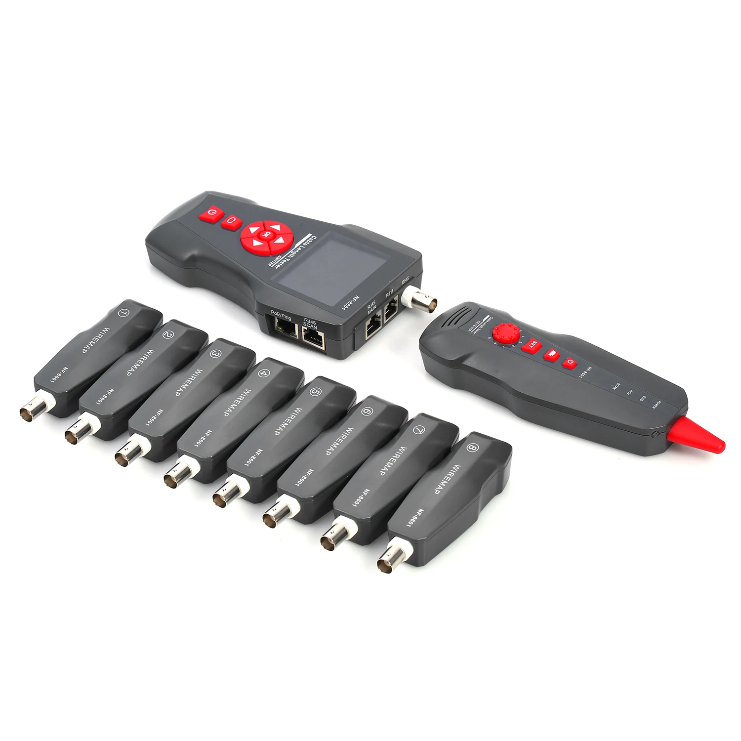 

Multi-functional LCD Network Cable Tester Wire Tracker RJ11 RJ45 BNC Wire Length Finder with 8 Remote Adapters PING & POE