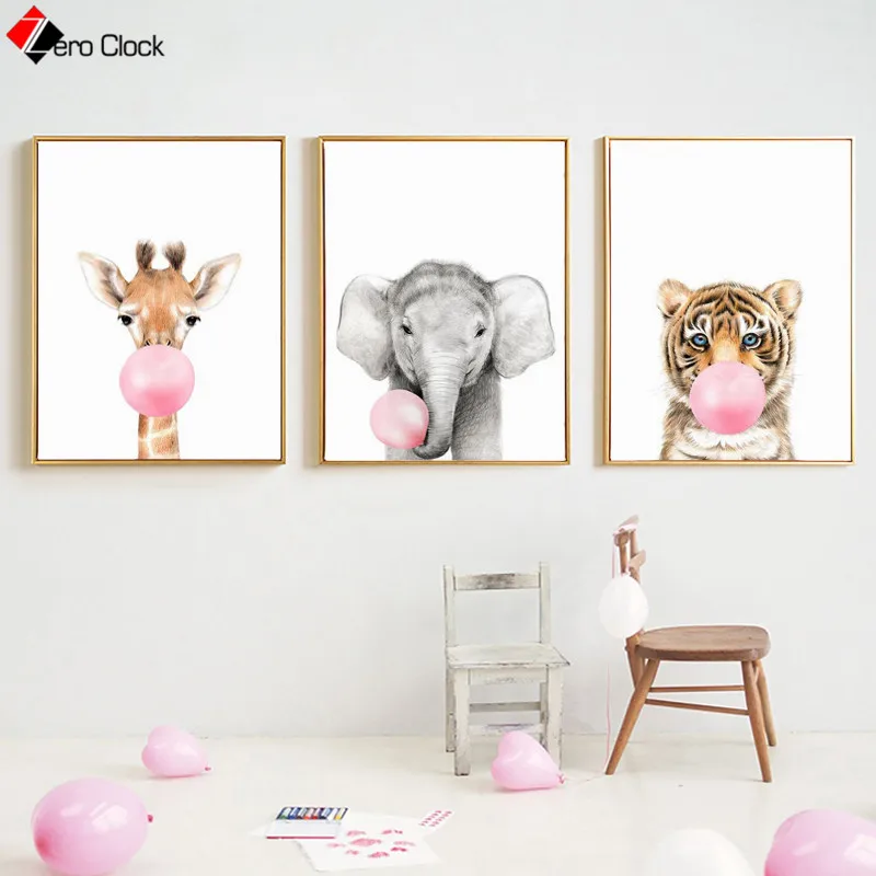 Детские животные принты розовый пузырь жвачка плакат Милая Картина на холсте