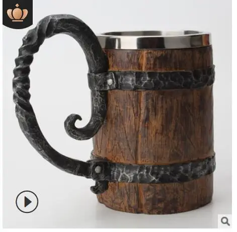

high-end Vintage wooden bucket double beer mugs Creative personalized office resin stainless steel interior drinking cups