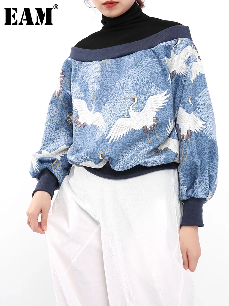 

[EAM] Loose Fit Blue Printed Casual Sweatshirt New Turtleneck Long Sleeve Women Big Size Fashion Tide Spring Autumn 2021 JL94805