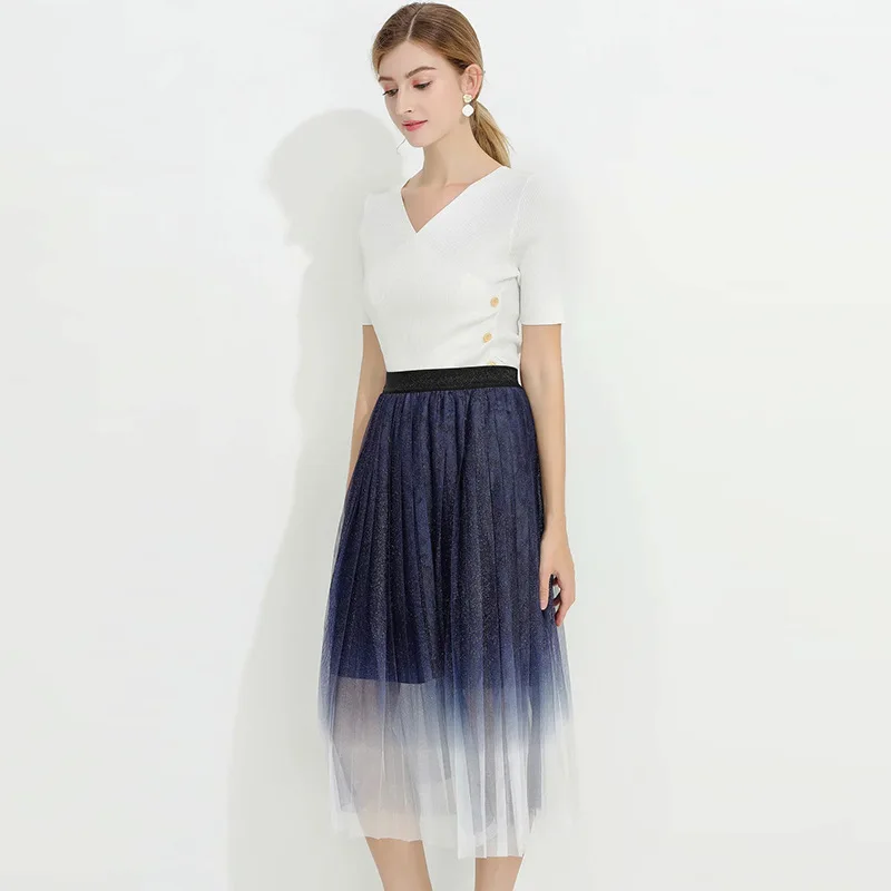 

European American Summer New Short-Sleeved Knitted T-shirt Waist Gauze Skirt Suit Fashion Elegant Graceful Women's Clothing