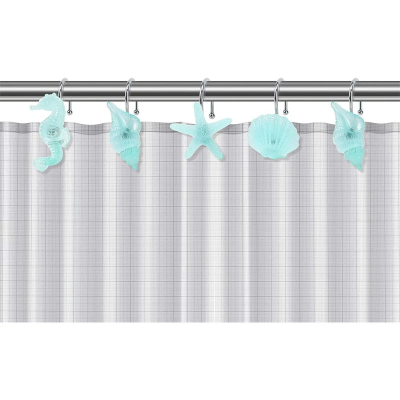 Ganchos decorativos para Cortina de ducha, ganchos de Metal a prueba de &oacute;xido, con forma de tema de playa y Oc&eacute;ano Azul, para Ba&ntilde;o-0