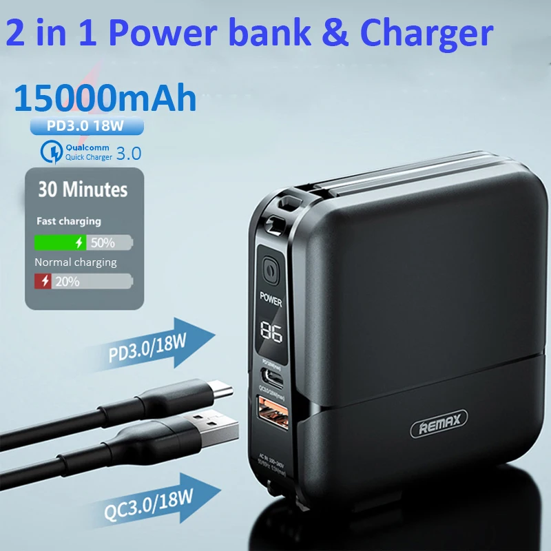 

Remax 18W PD Fast Power Bank 15000mAh QC 3.0 USB Type C Charger Powerbank Portable Foldable Plug Built in 2 Cable For iPhone