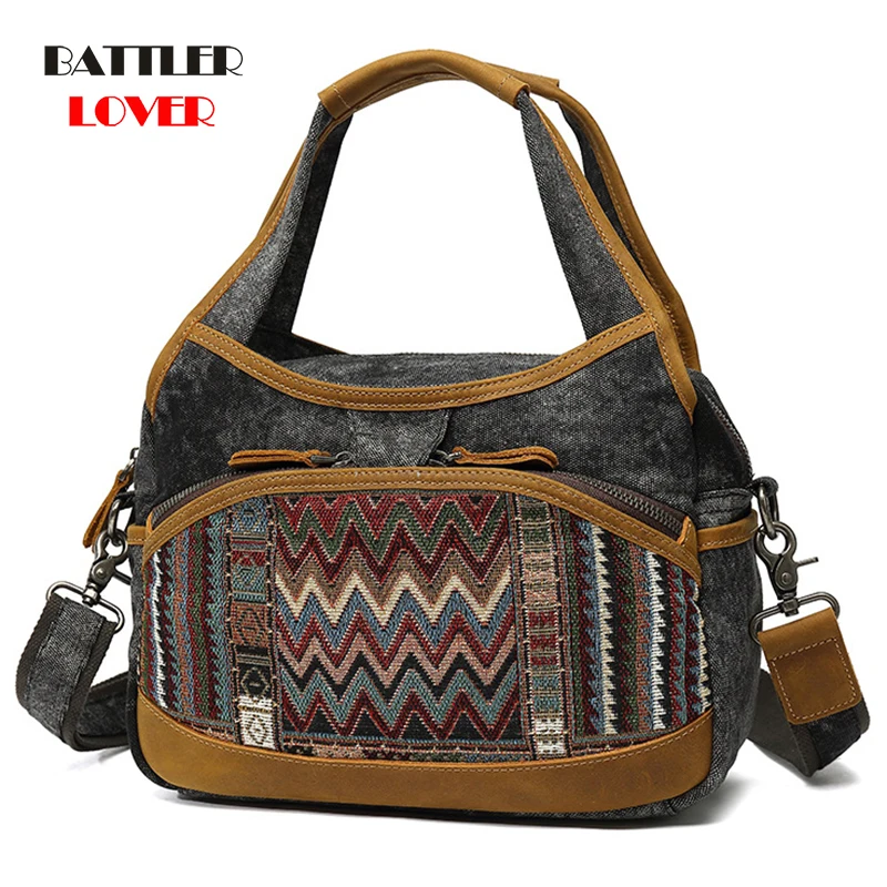 

Canvas Handbags For Women 2021 New Trendy Female Genuine Coe Leather Shoulder Crossbody Totes Ladies High Quality Messenger Bag