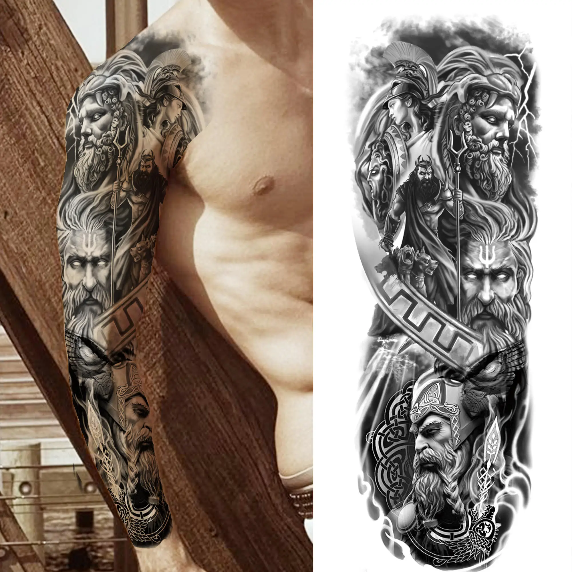 

Black Flower Nun Compass Temporary Tattoo Sleeve For Women Men Samurai Rose Skull Lion Fake Tattoo Sticker Sexy Full Arm Tatoo