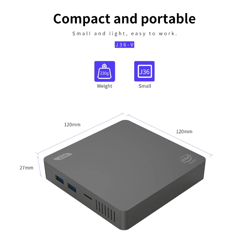 J36-V Мини ПК Intel3165 Windows 10 J3160 4 Гб+ 64 Гб BT4.0 USB3.0 HDMI 1,4+ VGA 2,5 дюйма HDD 2,4 ГГц/5,8 ГГц WiFi TF карта мини ПК