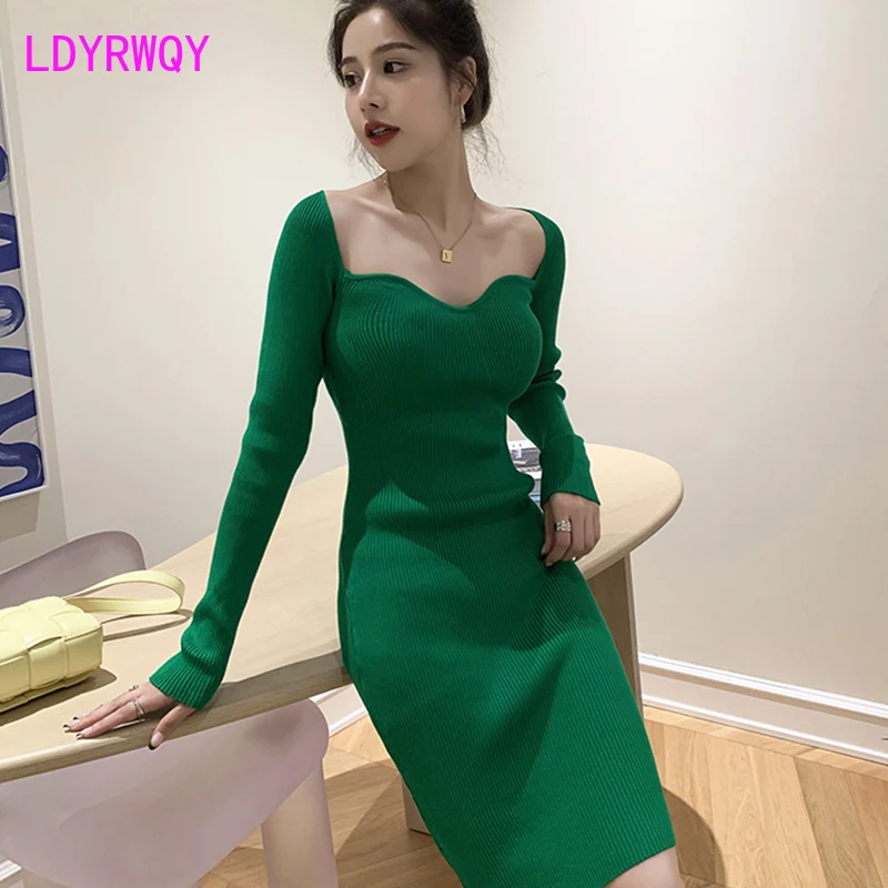 

2021 Square Neck Knitted Women's Slim-fit Knitted Dress in Autumn and Winter COTTON Office Lady