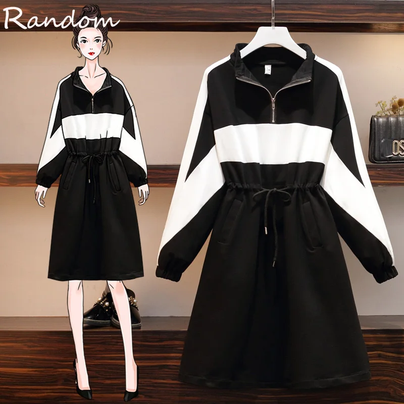 

Women Casual Sweatershirt Sport Dress 2020 Autumn Oversized Long Sleeve Black White Patchwork Dresses Plus Size Run Big Clothing