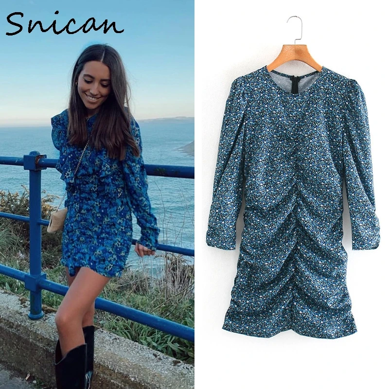 

Snican fashion blue floral print bodycon sexy dress za 2020 women robe femme vintage ruched ruffle dresses autumn spring vestios