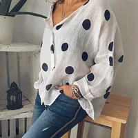 women tops blouses 2021 summer casual long sleeve polka dot cotton linen blouse female v neck loose shirts blusas plus size