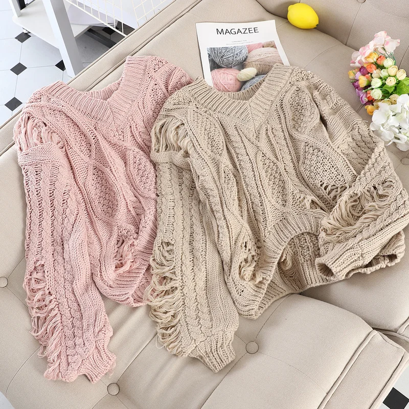 Gaganight Hole Autumn Winter Women Sweaters Long Sleeves V Neck Chic Fashion Pullover Solid Loose Pull Femme Korean Vintage Tops | Женская