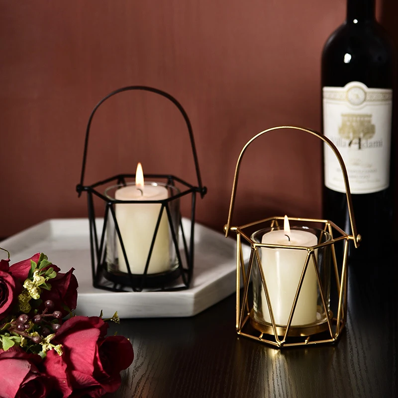 

Portable Metal Crafts Geometric Figurines Candlestick Table Decoration Accessories Lantern Handcrafts Candle Holder Dinner Decor