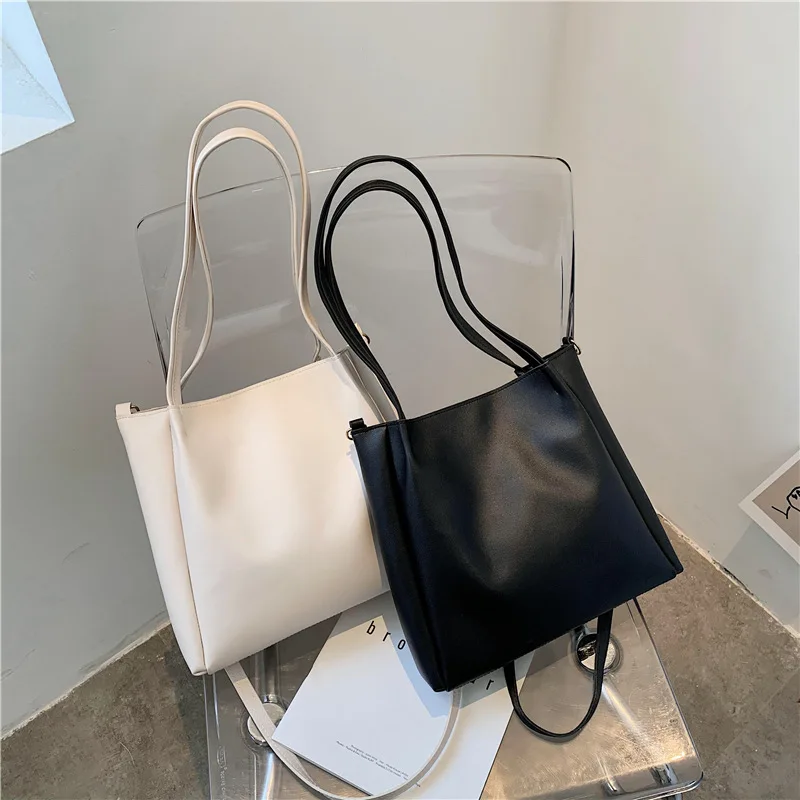 

Ladies Fashion Retro Art Pure Color PU Shoulder Messenger Bag Large Capacity Leisure School Shopping Travel Tote Bag For Women