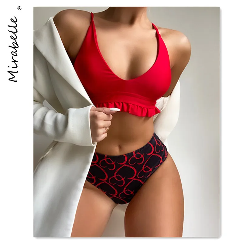 

Ruffles Sexy Print Swimwear Women Triangle Bikini Push Up Swimsuit High Waist Bather Summer Bathing Suit Beachwear 2021 New